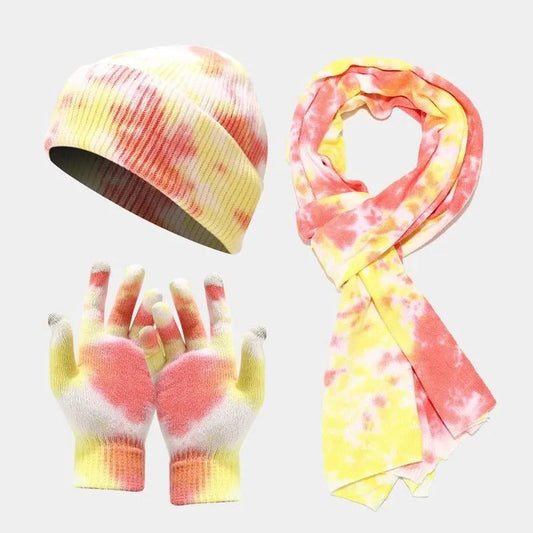 Tie-dye Knitted Hat Gloves Scarf Set Ladies by Maiden-Art