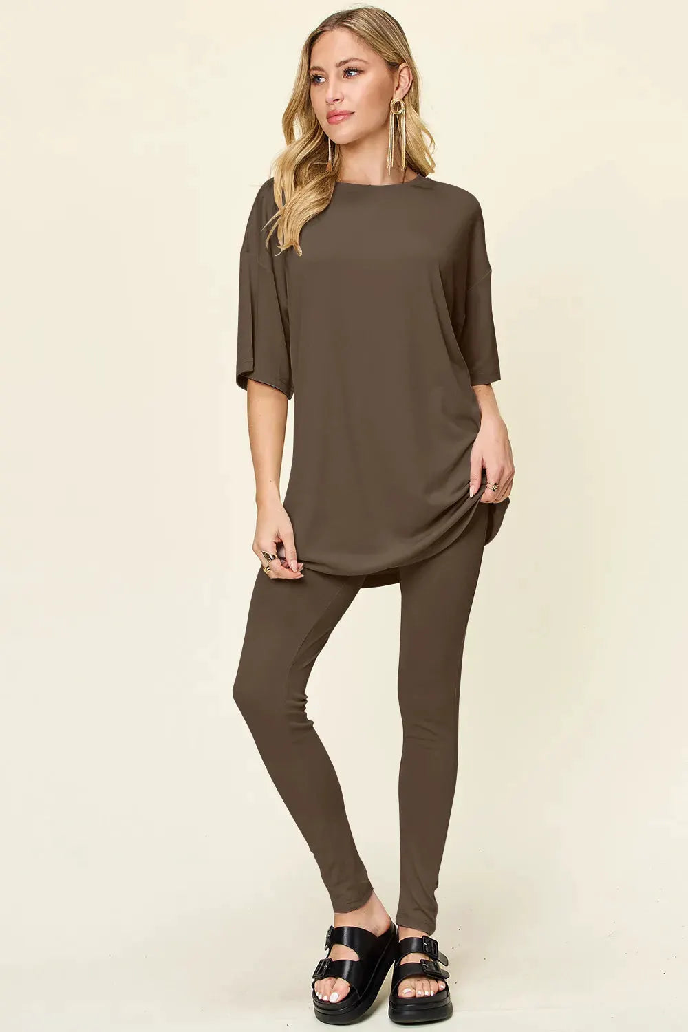 Double Take Full Size Round Neck Dropped Shoulder T-Shirt and Leggings Set by Double Take