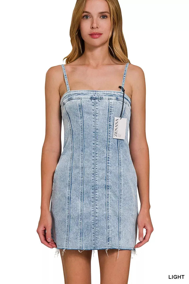 Zenana Spaghetti Strap Exposed Seam Light-Wash Dress by Zenana