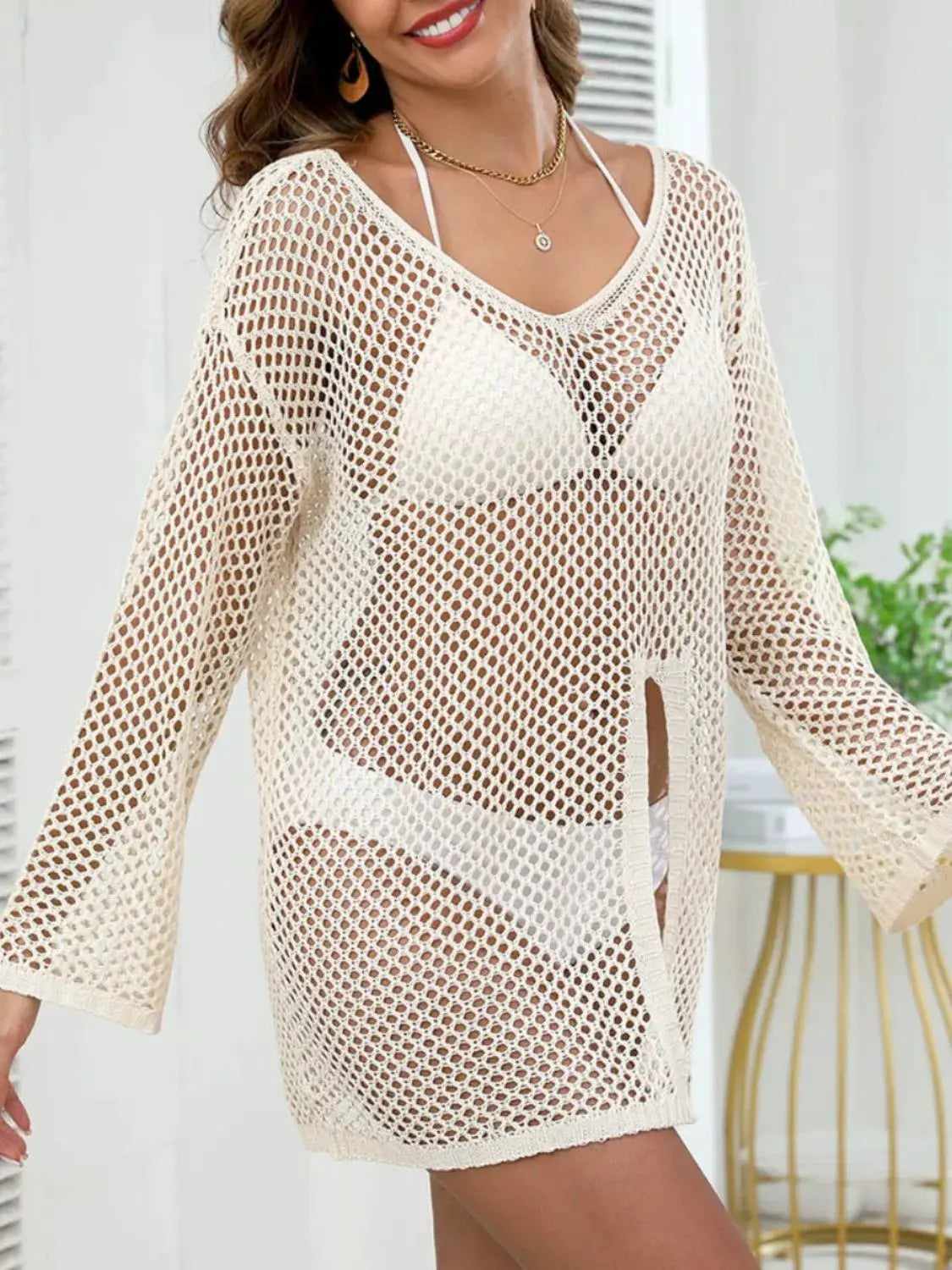 Openwork V-Neck Slit Cover-Up by Partner Labels