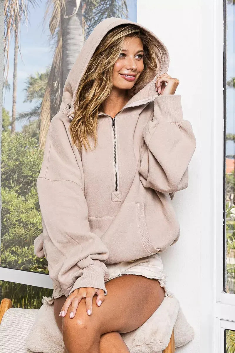 BiBi Stitch Detailed Elastic Hem Half Zip Fleece Hoodie by BiBi