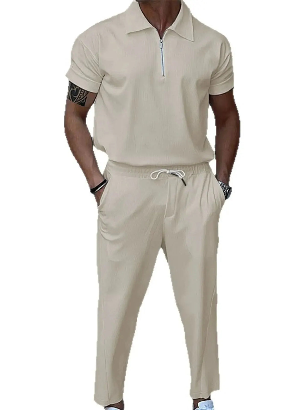 Men's Full Size Quarter Zip Short Sleeve Polo and Pants Set Plus Size by Trendsi