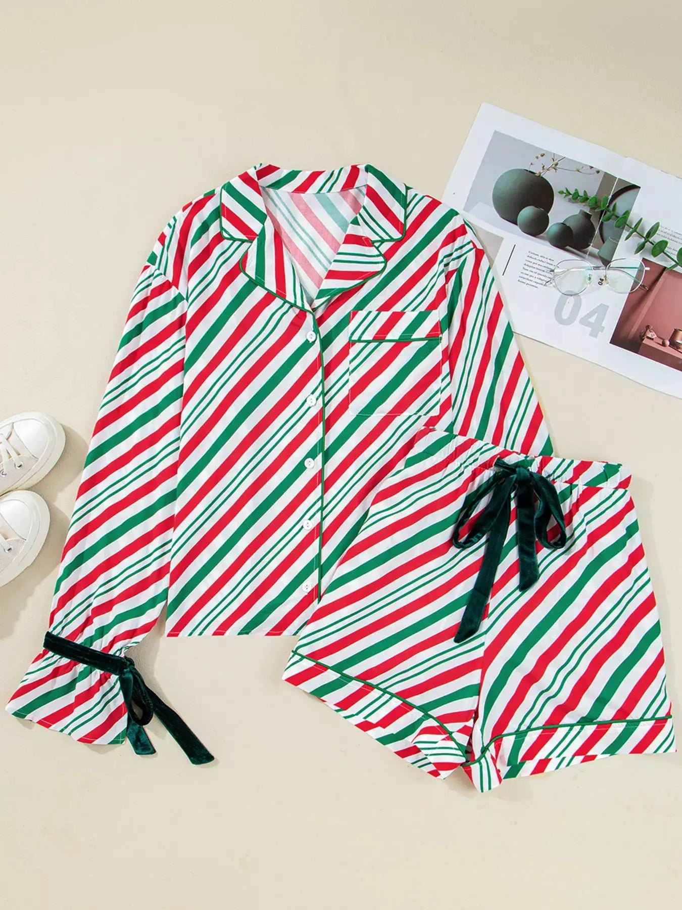Stripe Contrast Velvet Ribbon Knot Christmas 2pcs Pajama Set by Partner Label