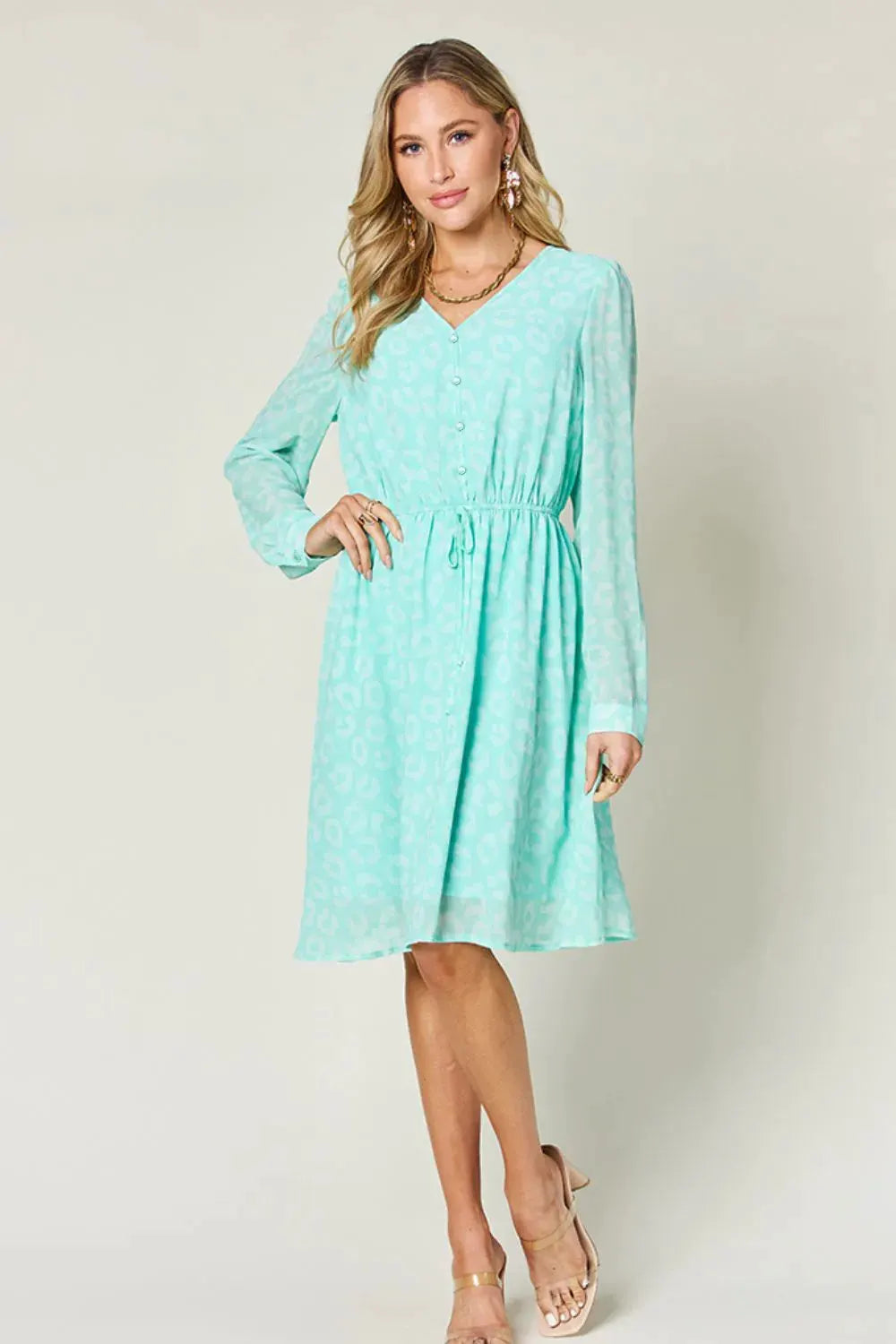 Double Take Full Size Printed Ruched V-Neck Long Sleeve Dress by Double Take