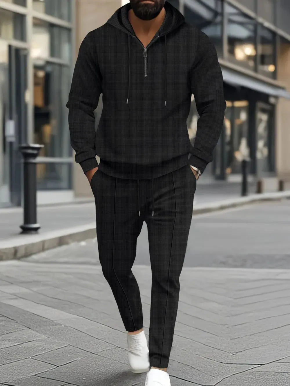 Men's Full Size Waffle-Knit Half Zipper Hoodie and Pants Set Plus Size by Trendsi