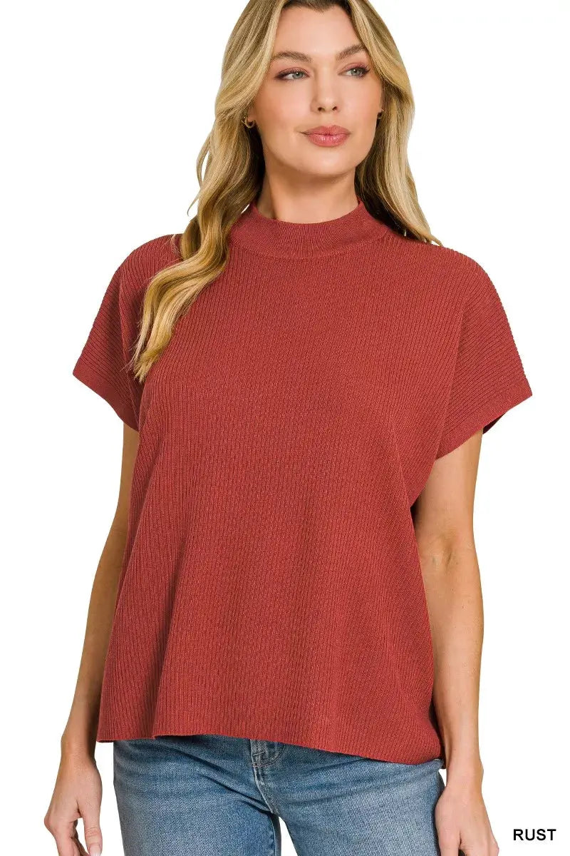Zenana Viscose Mock Neck Short Sleeve Boxy Sweater by Zenana
