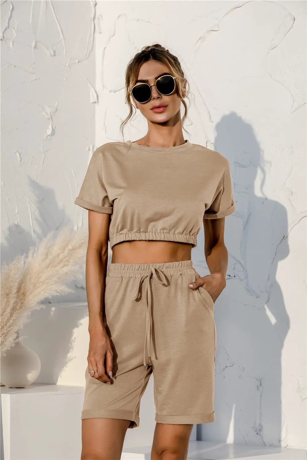 Short Sleeve Cropped Top and Drawstring Shorts Lounge Set by Partner Label