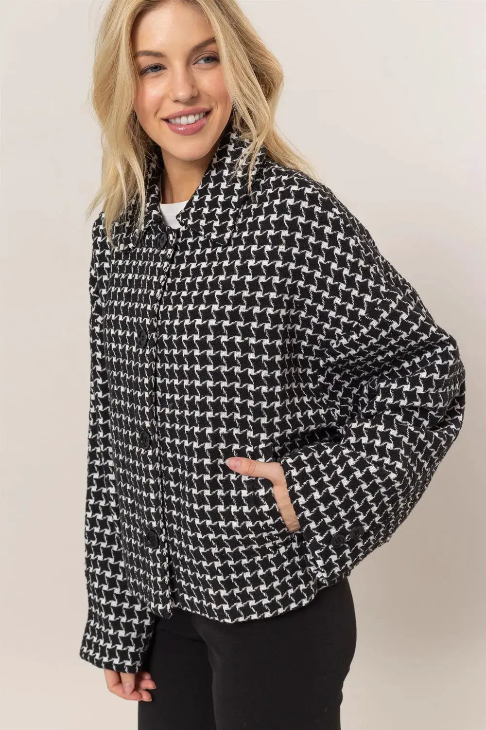 HYFVE Tweed Plaid Button Up Collared Neck Jacket by HYFVE