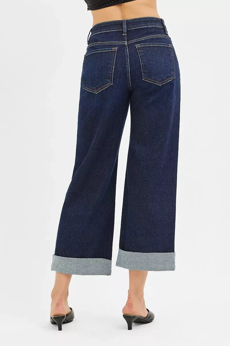 RISEN Mid Rise Fit Ankle Wide Roll Up Jeans by RISEN