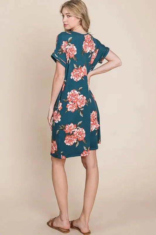 BOMBOM Floral Round Neck Short Tee Dress with Pockets by BOMBOM