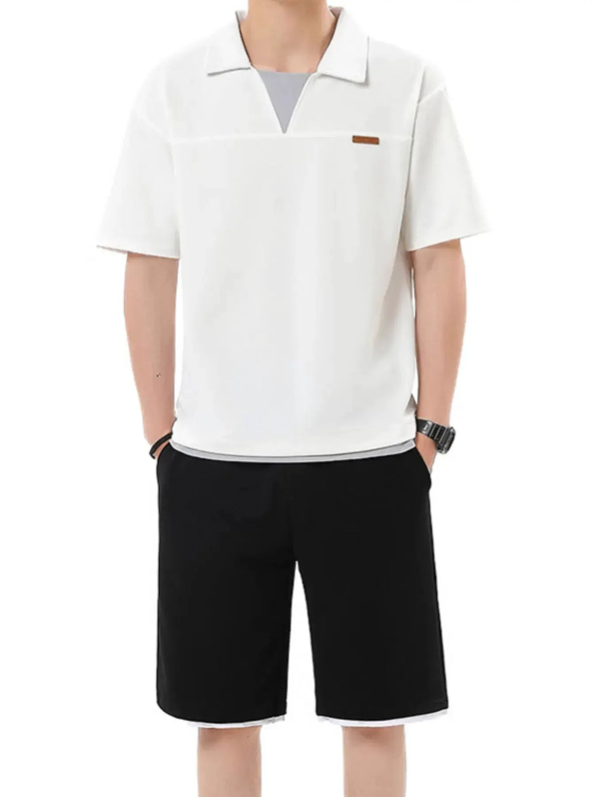 Men's Plus Size Johnny Collar Top and Shorts Set by Trendsi