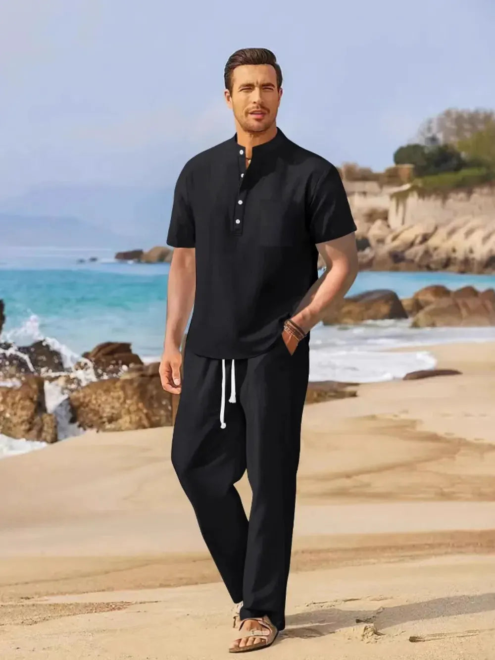 Men's Full Size Half Button Top and Drawstring Pants Set Plus Size by Trendsi