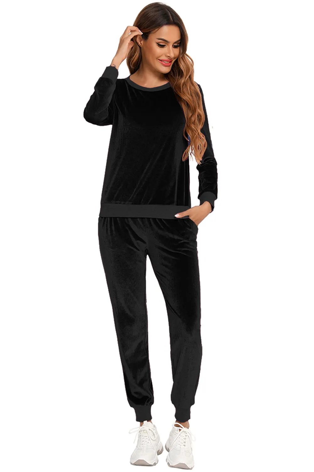 Round Neck Long Sleeve Loungewear Set with Pockets by Partner Label