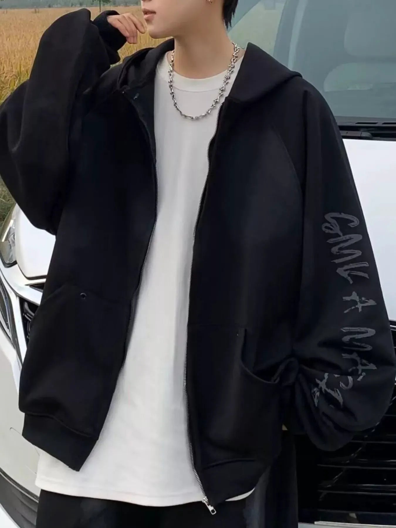 Men's Plus Size Zip Up Loose Fit Hoodie by Trendsi