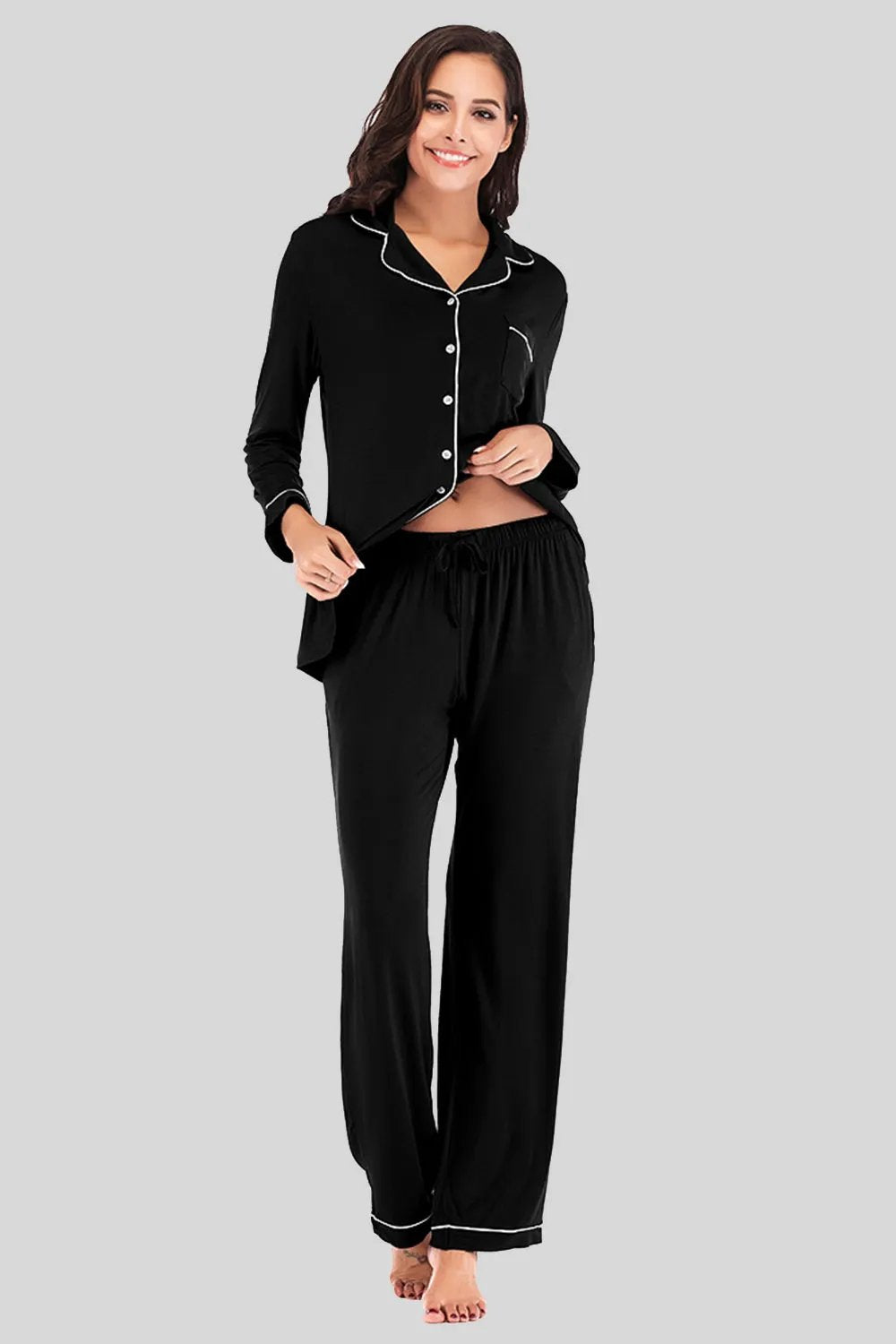 Collared Neck Long Sleeve Loungewear Set with Pockets by Partner Label