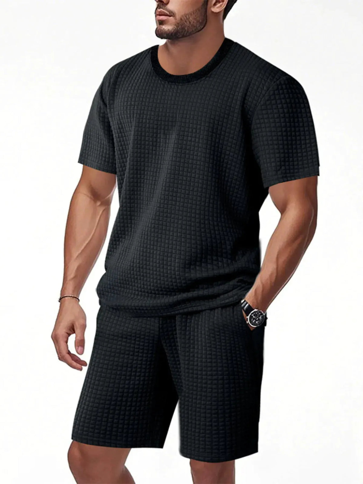 Men's Full Size Textured Round Neck Top and Shorts Set Plus SIze by Trendsi