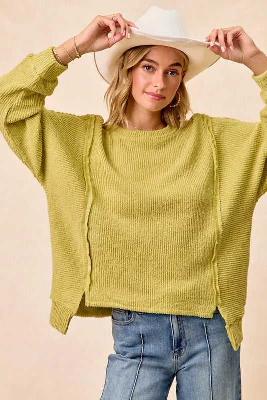 BiBi Boucle Rib Knit Uneven Hem Sweater With Open Seam by BiBi