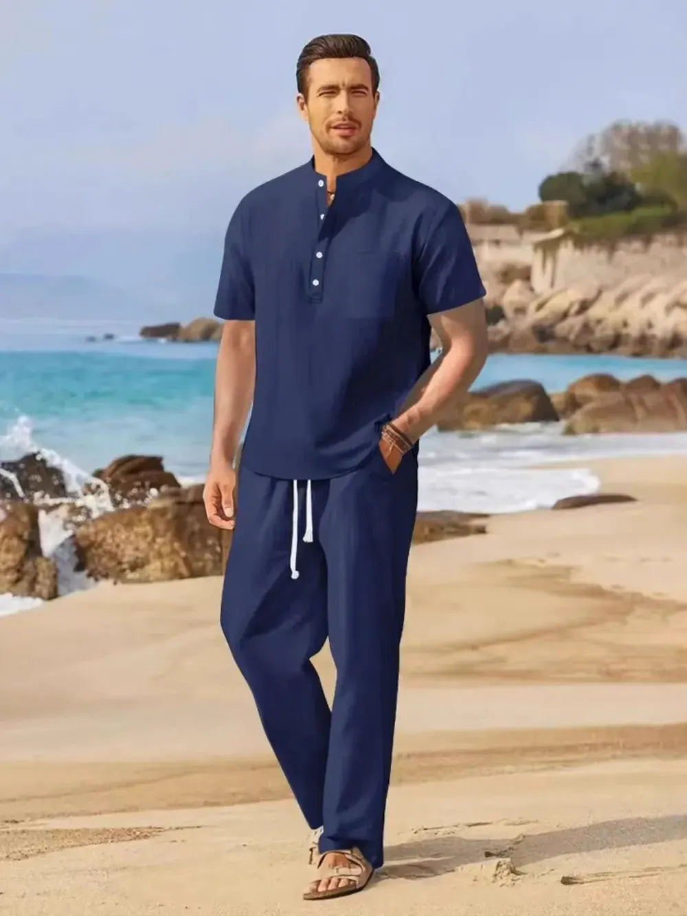 Men's Full Size Half Button Top and Drawstring Pants Set Plus Size by Trendsi
