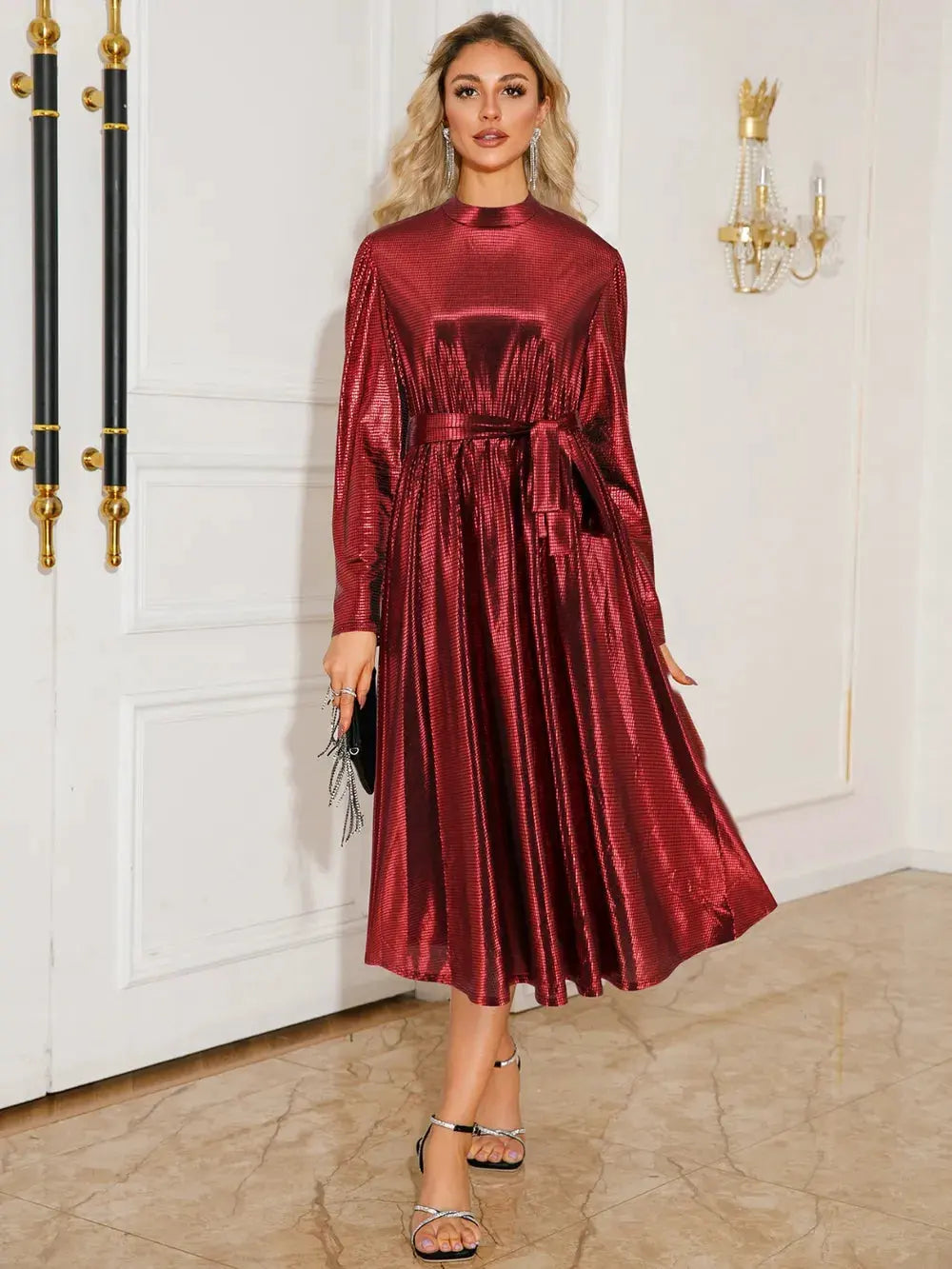 Tie Waist Long Sleeve Midi Dress by Partner Label