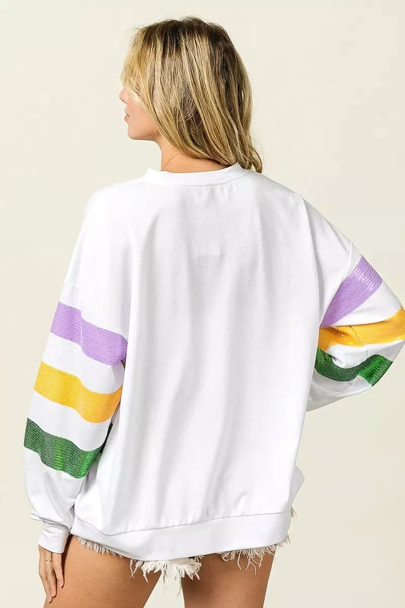 BiBi Sequin Mardi Gras Striped Round Neck Sweatshirt by BiBi