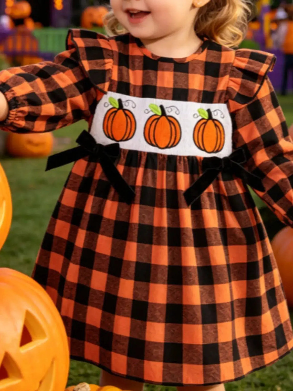 Children's Halloween Plaid Pumpkin Smocked Dress by Trendsi