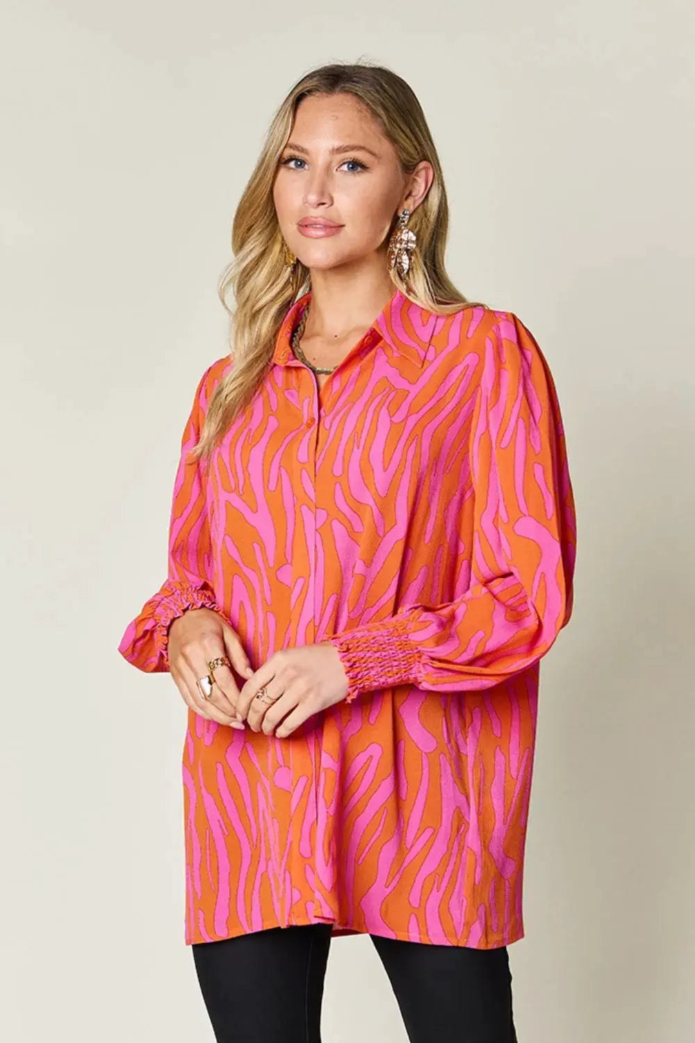 Double Take Full Size Printed Smocked Long Sleeve Blouse Plus Size by Double Take