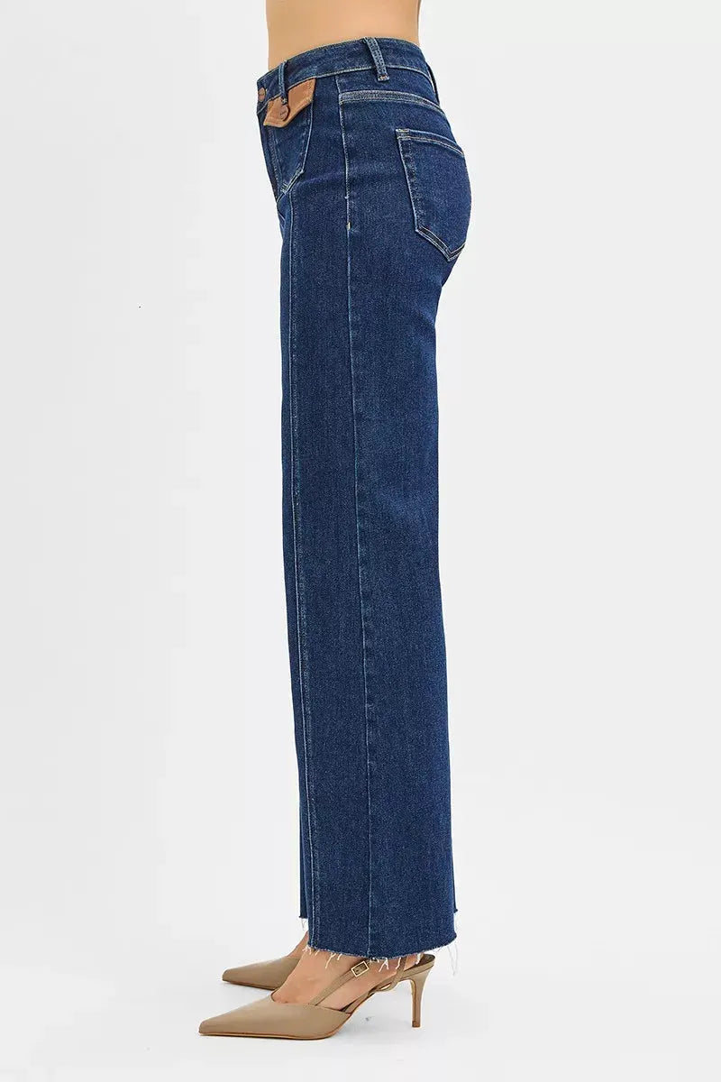 RISEN High Rise Wide Flare Jeans with Front Leather Pocket Detail by RISEN