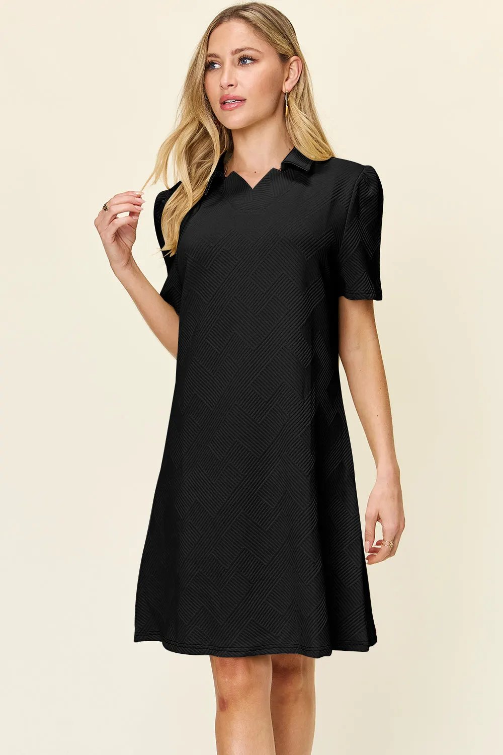 Double Take Full Size Texture Collared Neck Short Sleeve Dress by Double Take