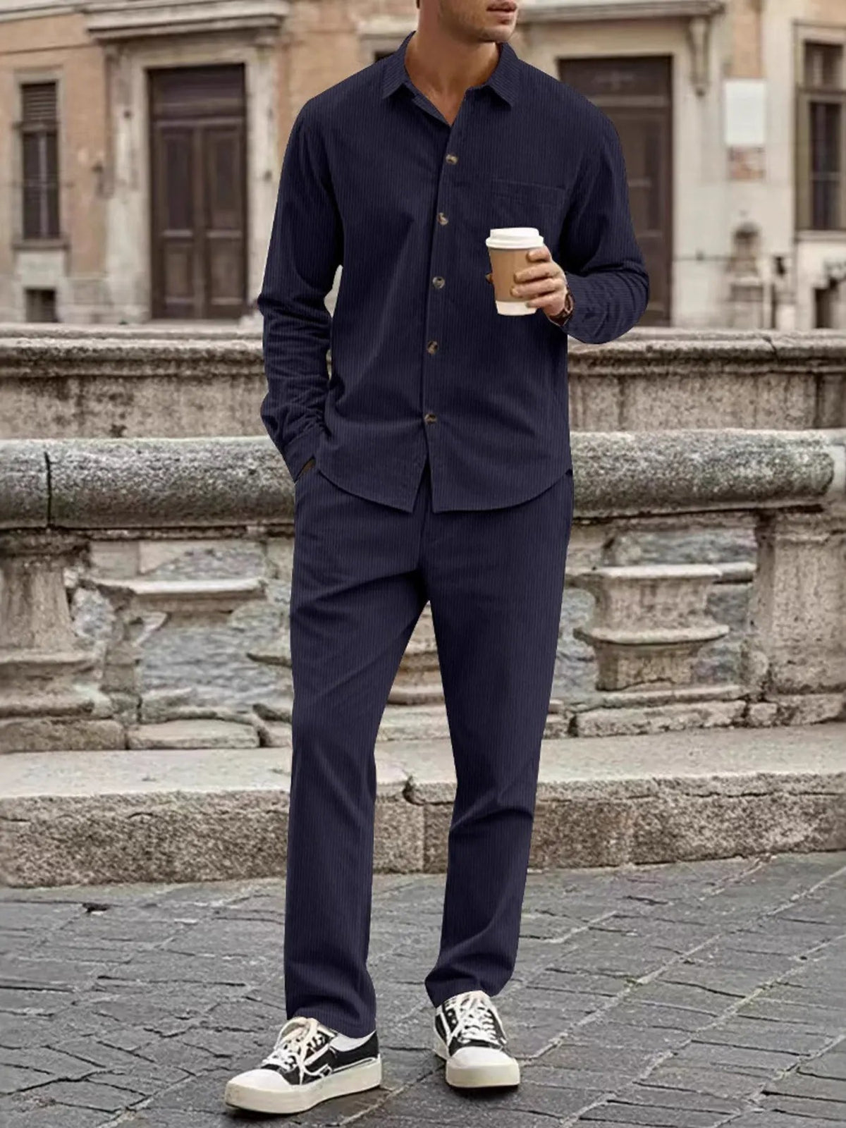 Men's Full Size Button Up Long Sleeve Shirt and Pants Set Plus Size by Trendsi