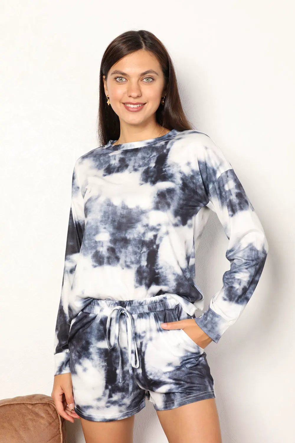 Shiny Tie-Dye Round Neck Top and Shorts Lounge Set by Shiny