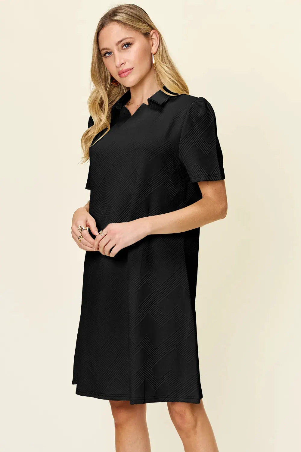 Double Take Full Size Texture Collared Neck Short Sleeve Dress by Double Take