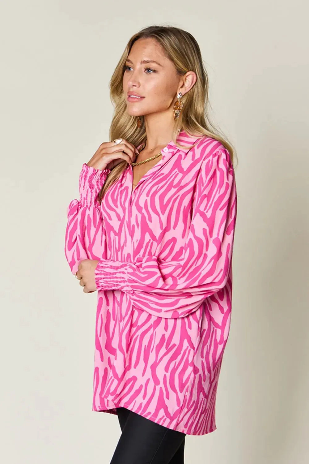 Double Take Full Size Printed Smocked Long Sleeve Blouse Plus Size by Double Take