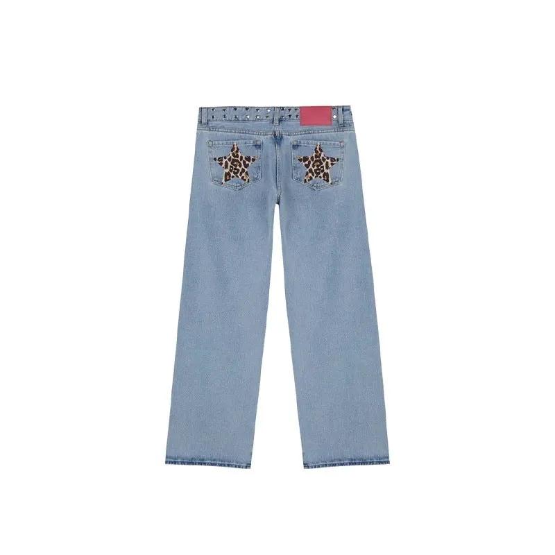 Leopard Print Five-pointed Star Deconstructing Jeans For Women by Maiden-Art