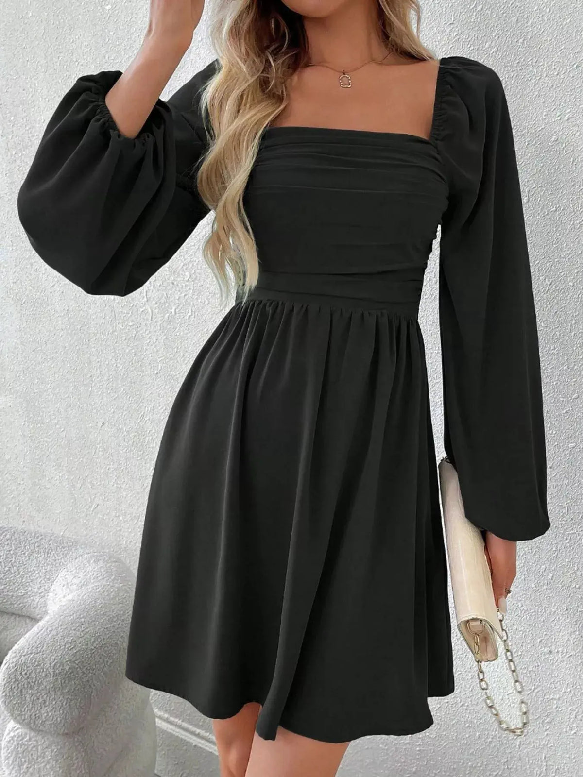 Ruched Square Neck Long Sleeve A-Line Dress by Partner Label