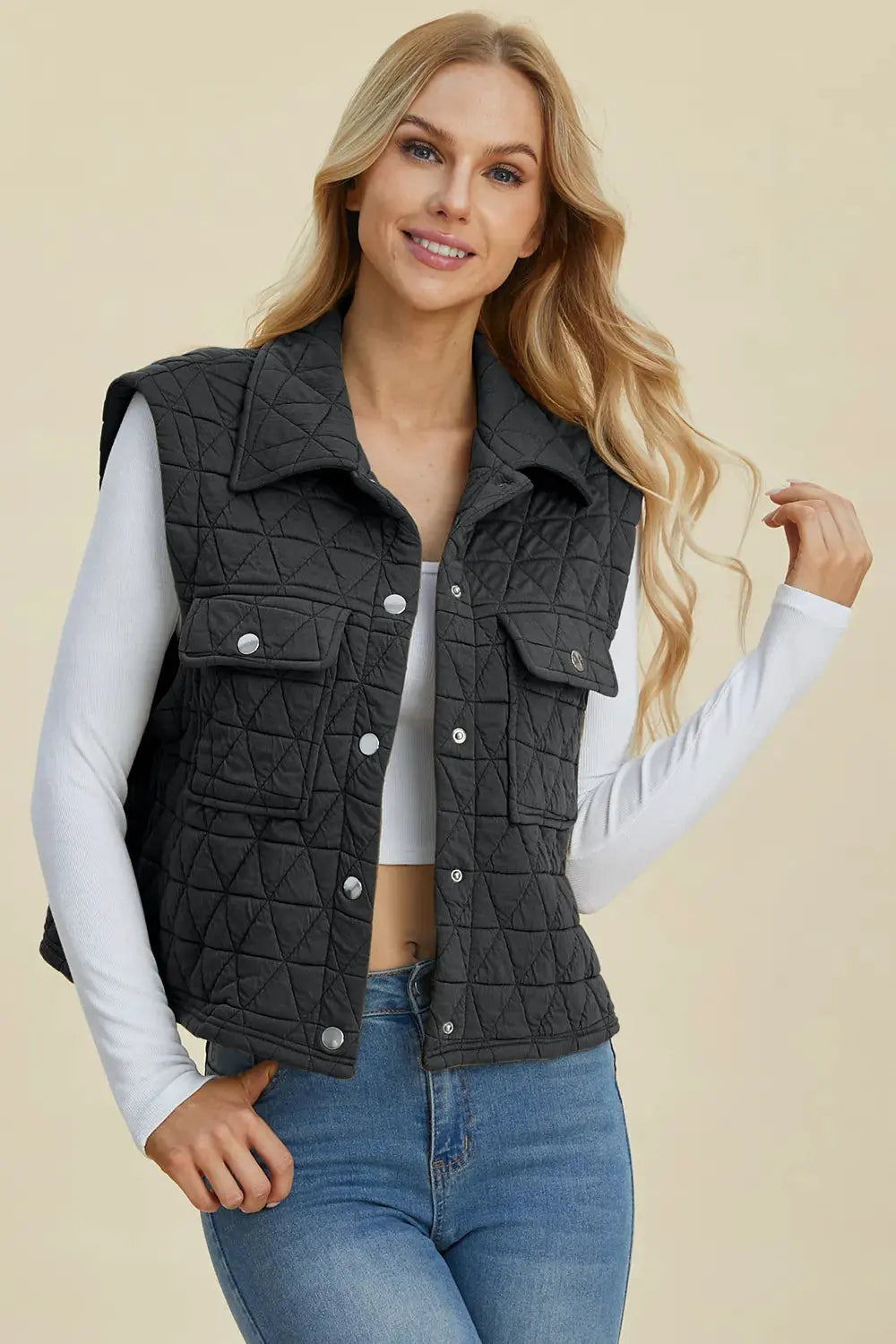 Double Take Full Size Pocketed Texture Snap Down Vest Coat by Double Take