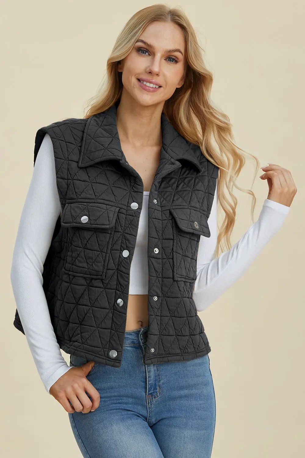 Double Take Full Size Pocketed Texture Snap Down Vest Coat by Double Take
