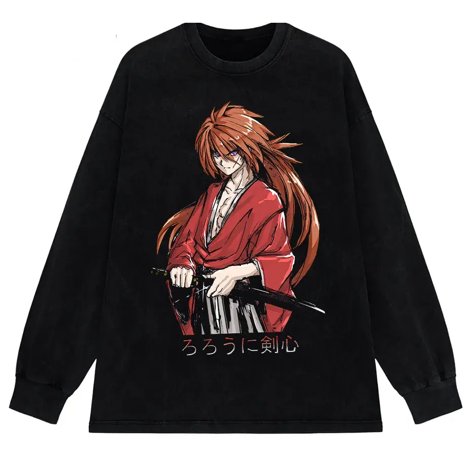 Rurouni Kenshin Washed Anime Graphic T-Shirt Men's Harajuku Streetwear Vintage Cotton Tee by Vimost Shop