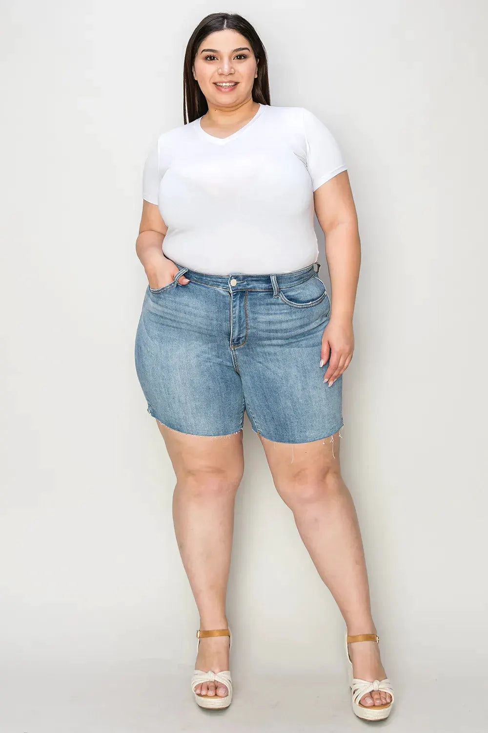 Judy Blue Full Size High Waist Raw Hem Denim Shorts by Judy Blue