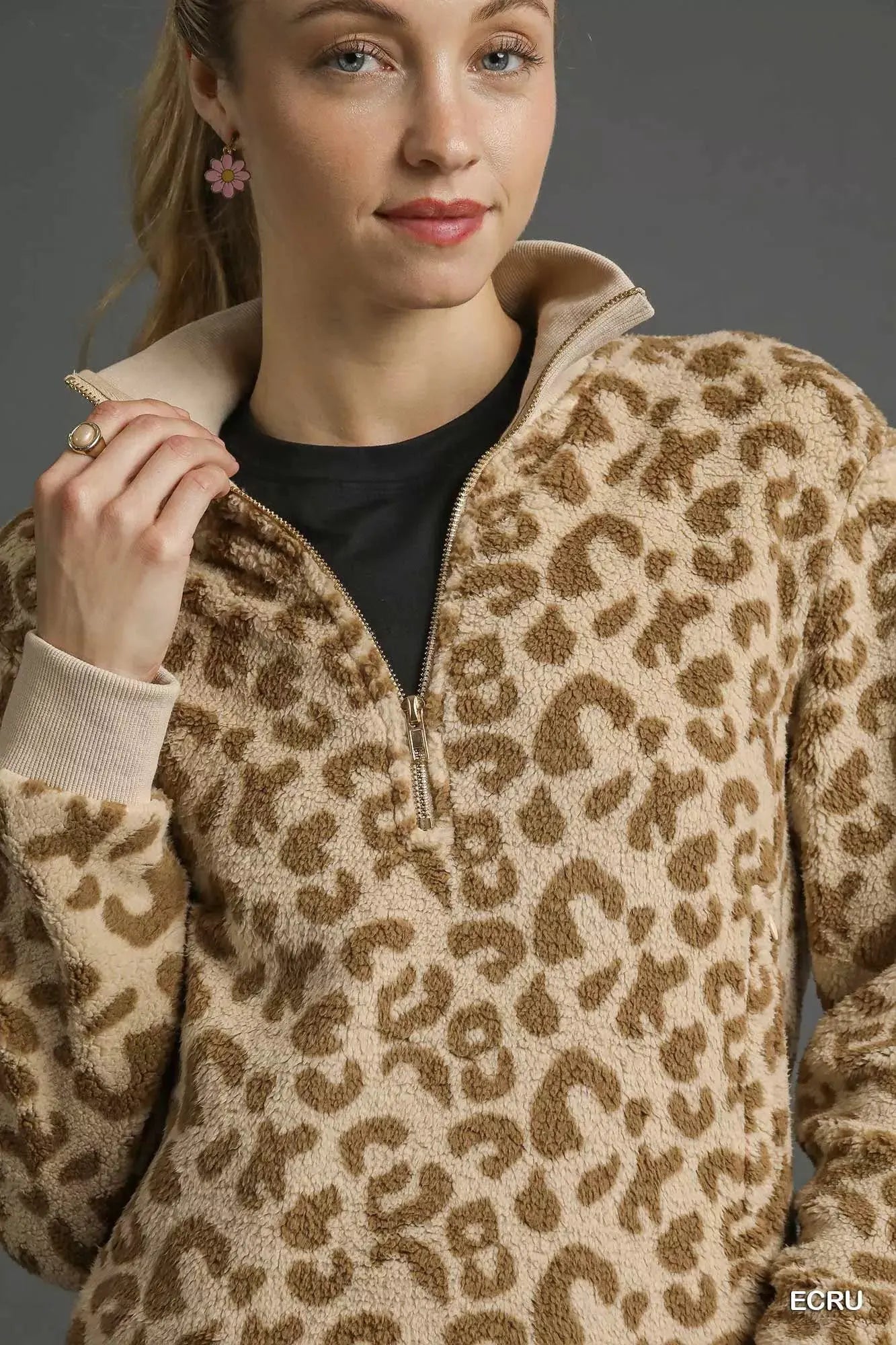 Umgee Leopard Print Quarter-Zip Sweatshirt by Umgee