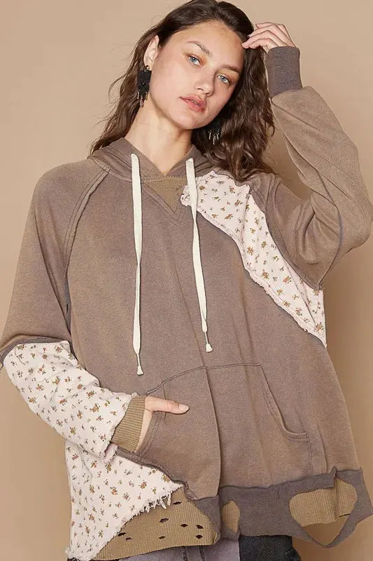POL Floral Patchwork Distressed Drawstring Hoodie by POL