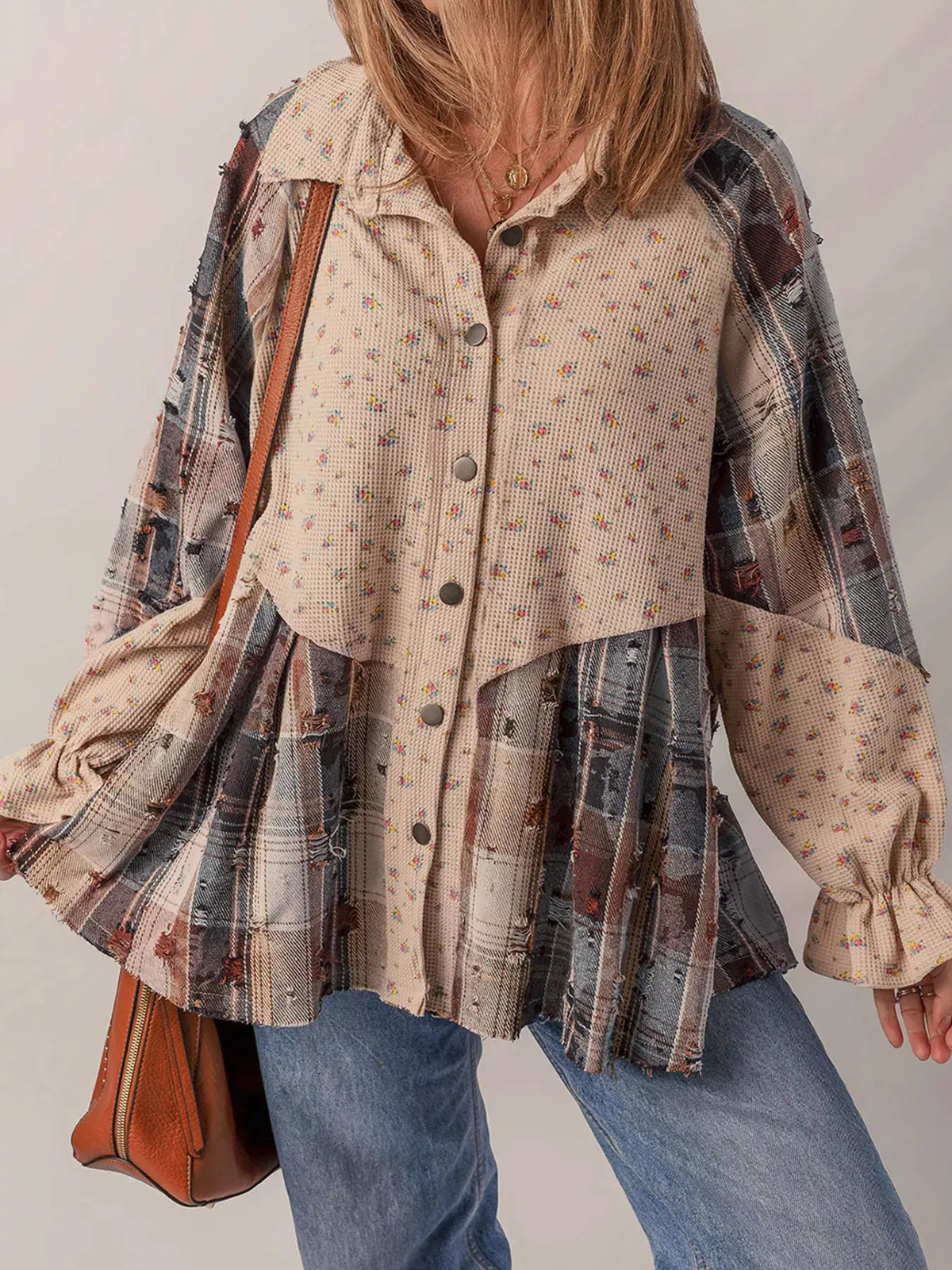 Boho Floral Plaid Patchwork Distressed Detail Ruffled Sleeve Waffle Knit Shacket by Oh