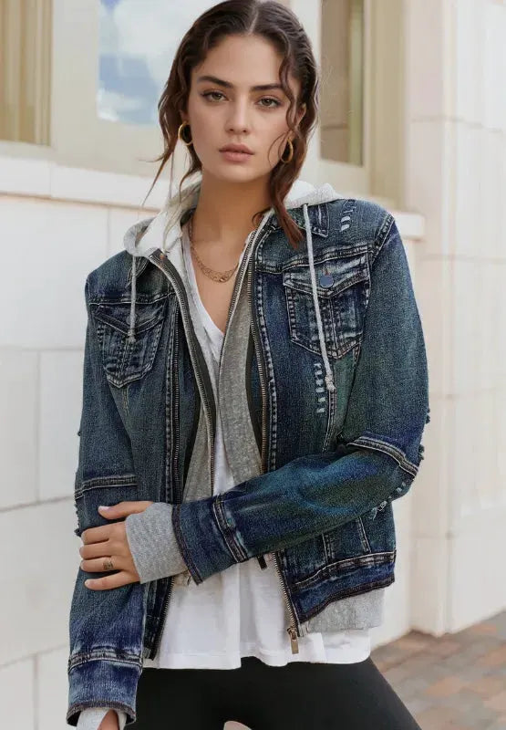 Fake Two-Piece Hooded Zip-Up Denim Jacket by Partner Label