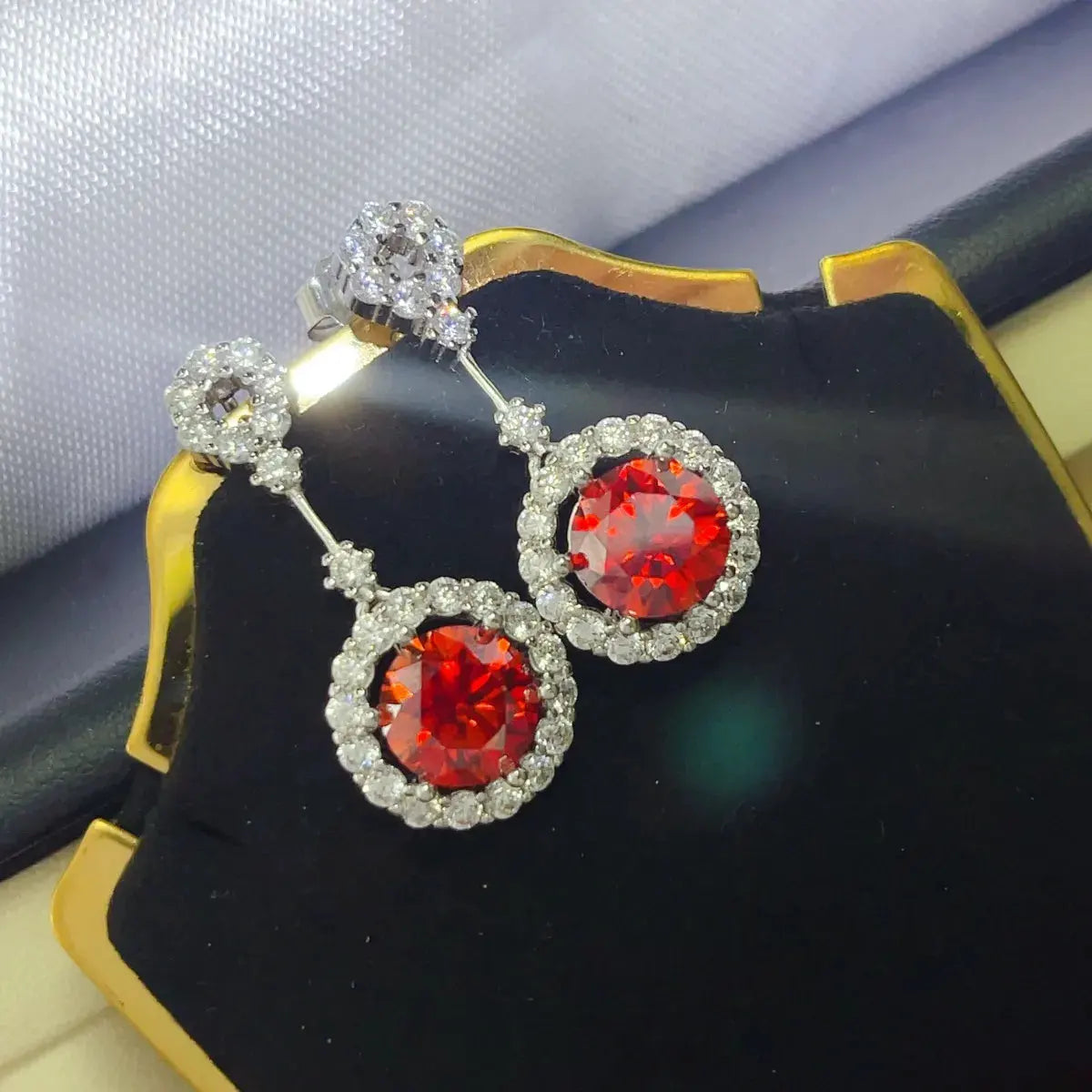 4 Carat Ruby Red Crystal Drop Earrings with Rhinestone Halo by Partner Label