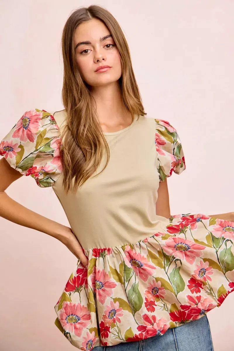 BiBi Floral Printed Bubble Sleeves and Hem Peplum Top by BiBi
