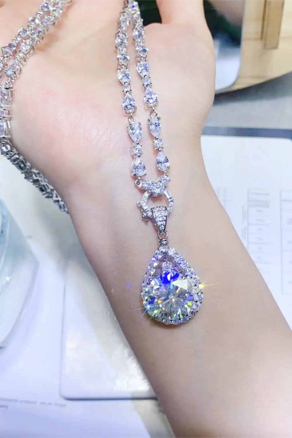 10 Carat Moissanite Teardrop Pendant Platinum Plated Necklace by Partner Labels