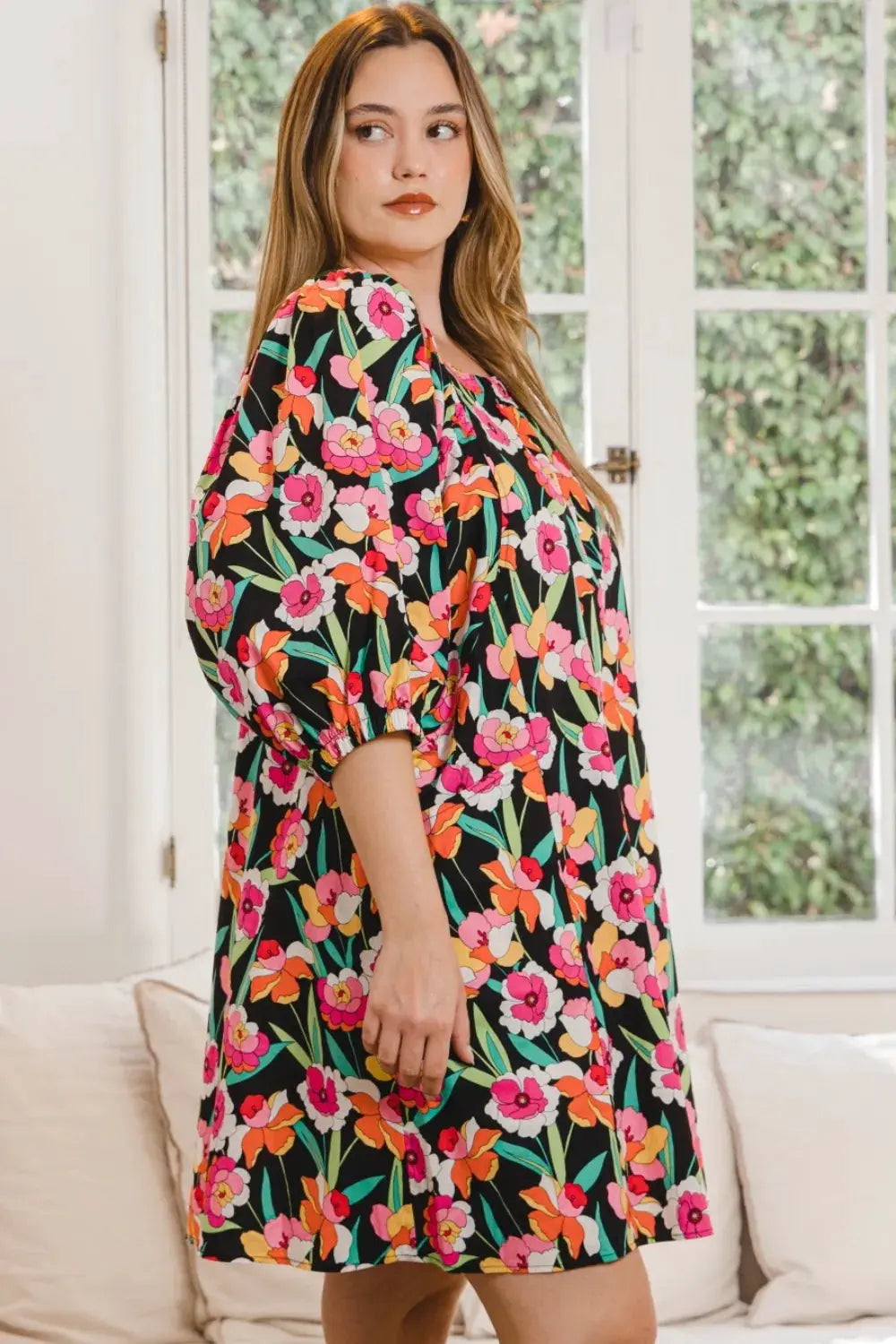 ODDI Full Size Floral Puff Sleeve Mini Dress by ODDI