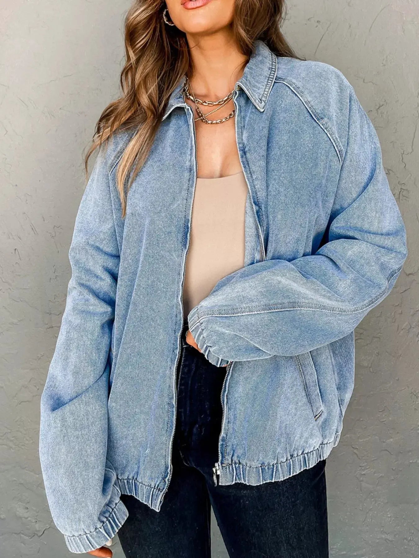 Elastic Edge Collared Zip Up Denim Jacket With Pocket by Partner Label