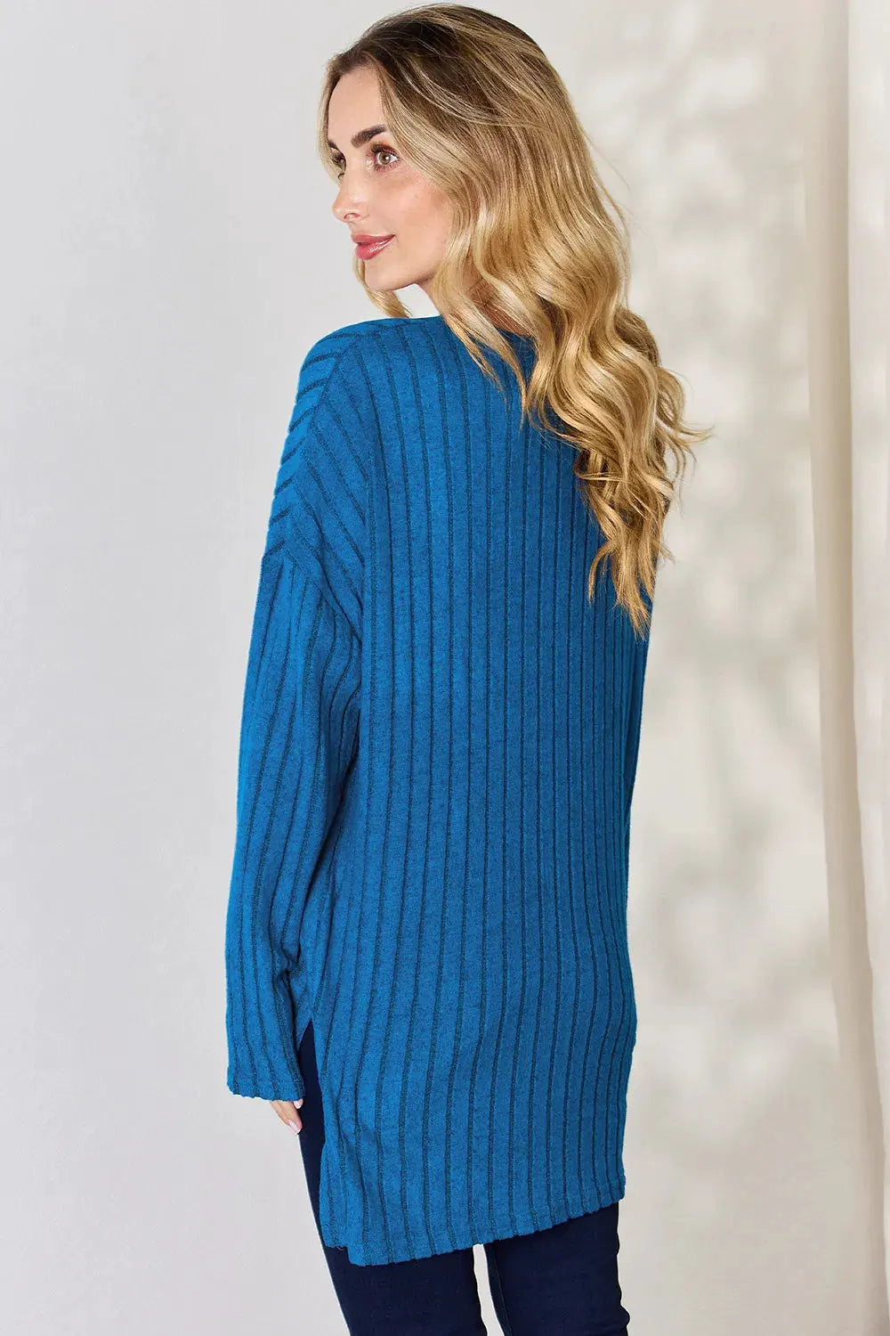 Basic Bae Full Size Ribbed Half Button Long Sleeve High-Low T-Shirt by Basic Bae
