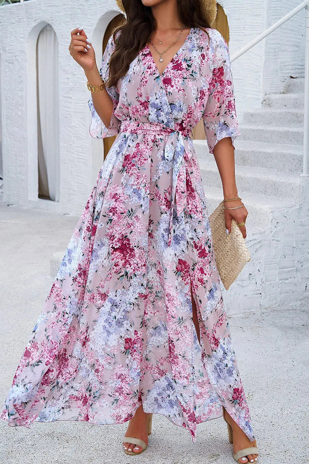Devine Printed Tied Half Sleeve Slit Dress by Devine