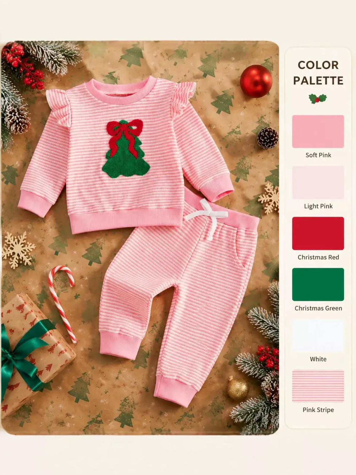 Children's Striped Christmas Tree Ruffle Pajama Set by Trendsi